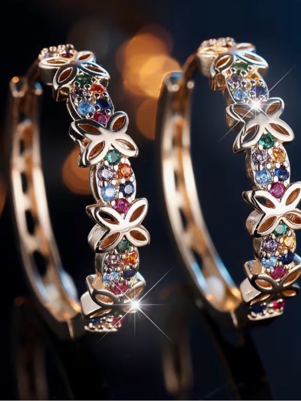 14k Gold plated Floral  Hoop Earrings with Multicolor Gem Accents